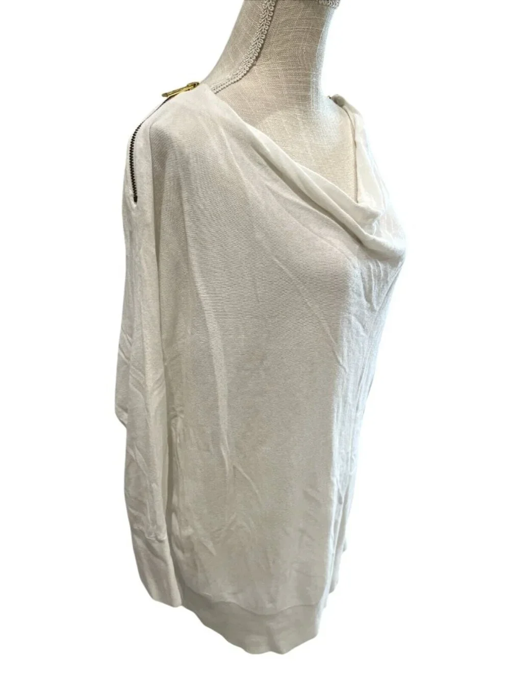 Michael Kors White Cowl Neck Sweater With Gold Zipper Accents Size M